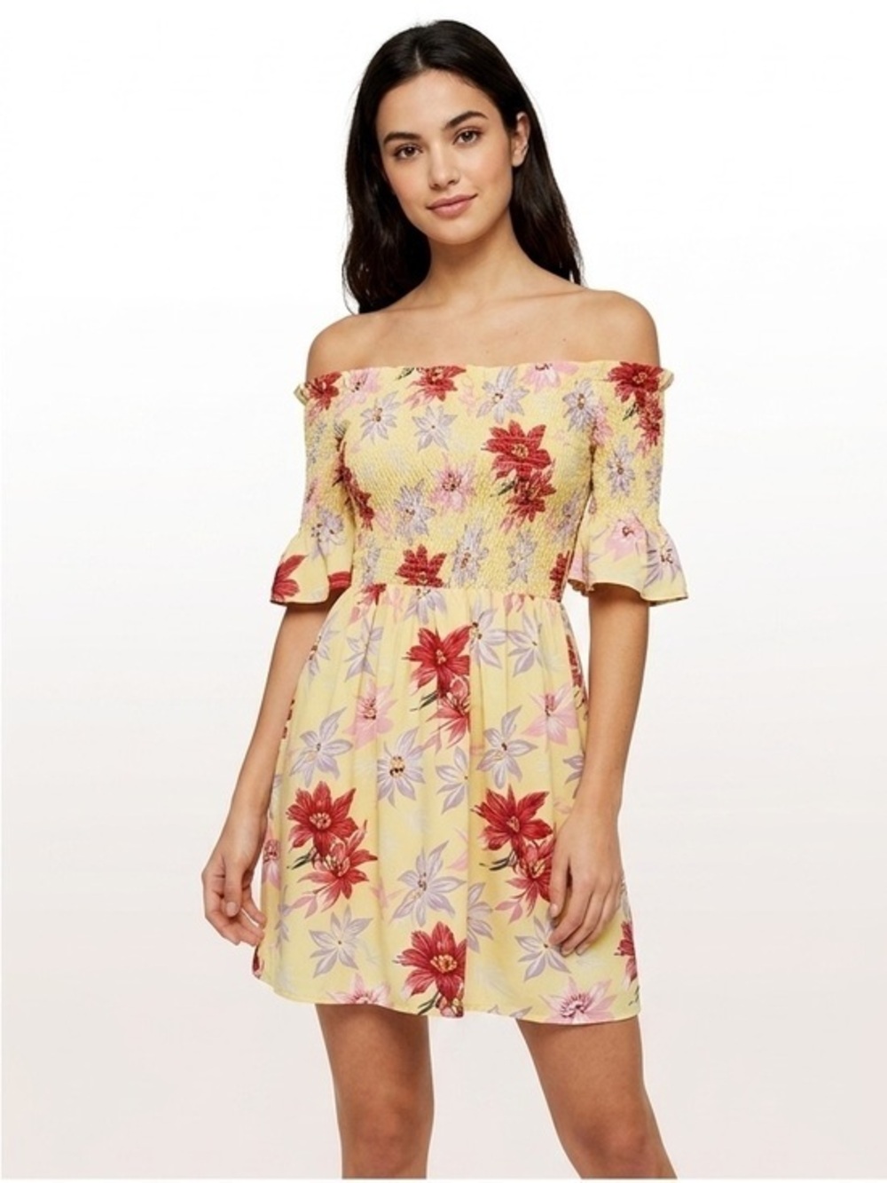 Topshop Off The Shoulder Smocked Floral Print Dress